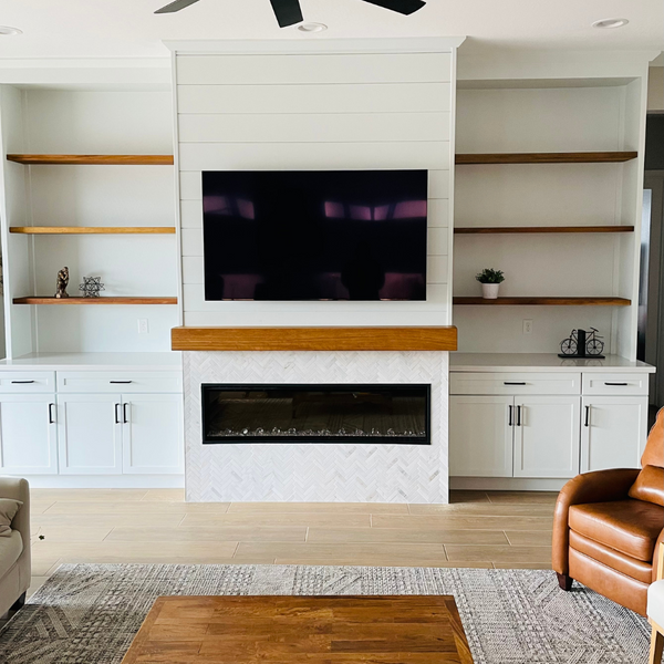 white fireplace living room  